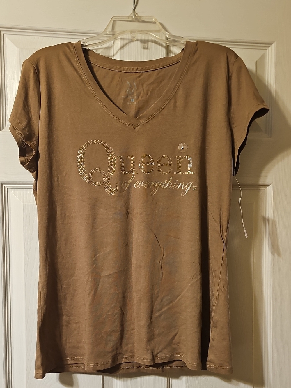 New York & Company Tan V-Neck Tee with Metallic Script